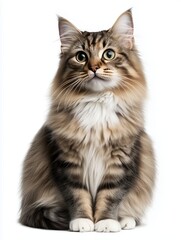 Fototapeta premium A fluffy, attentive cat with striking eyes, sitting gracefully against a white background.
