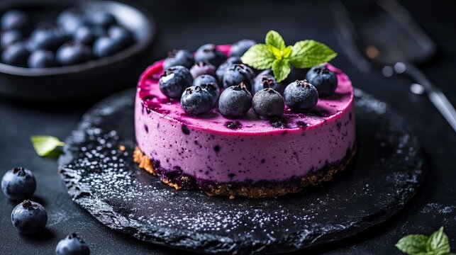 A vegan blueberry cheesecake set against a dark, black background, featuring the raw cake topped with fresh blueberries and other berries, highlighting its rich texture and vibrant color.