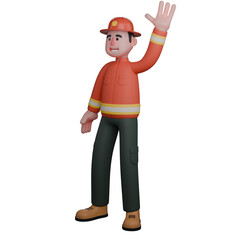 3D Professional Male in Firefighter Role. A firefighter stands with one hand raised high, waving with a friendly smile. Cartoon