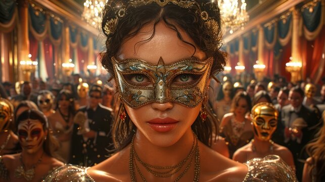 A New Year’s Eve masquerade ball with elegantly dressed guests, sparkling masks, and a grand chandelier illuminating the ballroom