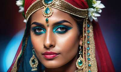 Fototapeta premium A woman in traditional Indian attire with intricate jewelry and vibrant makeup looks directly at the camera