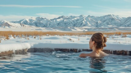 Fototapeta premium Portrait of young carefree happy woman relaxing at hot tub during enjoying happy traveling moment vacation