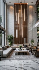 Obraz premium A large living room with a white wall and a wooden wall panel