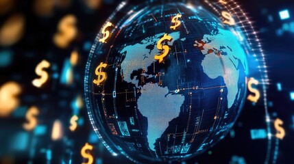 Global currency symbols interconnected by trade routes on a digital globe