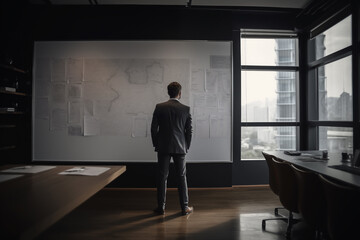 Businessman Standing in Modern Office  Looking at Whiteboard with Drawings and Plans