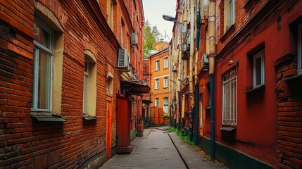 A narrow street in Moscow, Russia, flanked by red brick houses, capturing the charming and historic architecture of the area.