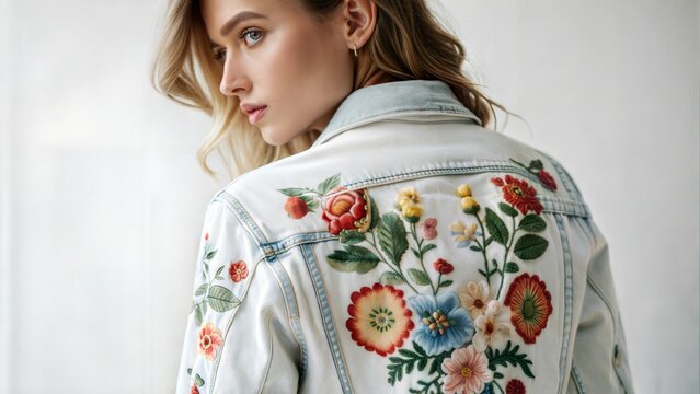 Girl in denim jacket with embroidery and applique.Vintage clothes, made by hand, with plant ornament.Beautiful and exquisite kind of needlework