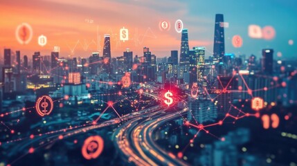 Fototapeta premium Global trade routes connecting major cities, with currency symbols representing economic exchange