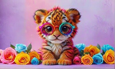 Obraz premium Cute Tiger Cub with Colorful Glasses