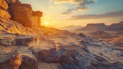 Obraz premium The Nabatean city ruins in Mamshit National Park bathed in the warm, golden light of sunset, highlighting the ancient stone structures and the dramatic desert landscape.