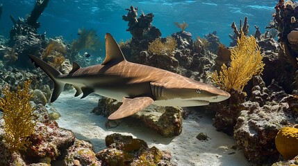 A nurse shark swimming gracefully over the reef near Cozumel Island, showcasing its smooth,...