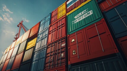 Fototapeta premium A stack of shipping containers with the names of different countries printed on them, representing international trade