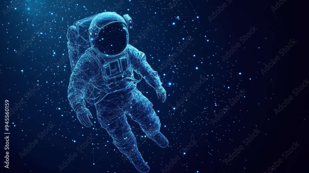 Wall mural abstract polygonal astronaut floating in outer space. a blue low-poly wireframe vector illustration 