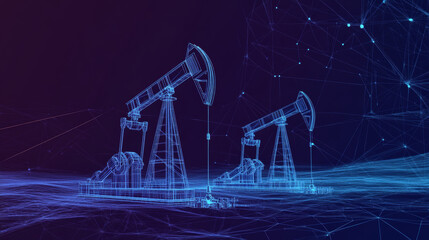 Polygonal abstract panorama of oil extraction. Pumpjacks at an oil field extracting petroleum from below the Earth's surface. Rendered in a low-poly wireframe vector illustration.