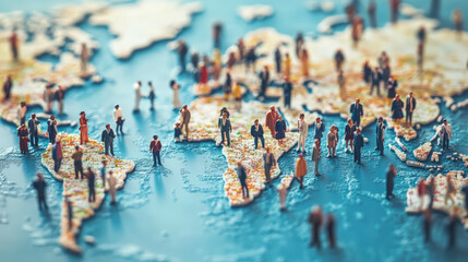 Fototapeta premium A stylized map of the world with miniature people figures standing on continents, symbolizing global population and diversity.
