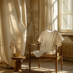 White T Shirt Draped Over a Wooden Chair in a Sunlit Room