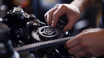 Close-up of technical hands adjusting the timing belt on an engine, ensuring precise alignment in repair shop.