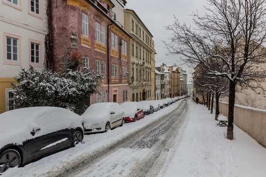 Winter view of Uvoz street in Prague, Czech Republic
