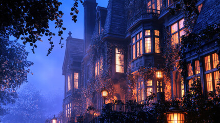 Fototapeta premium Mystical Victorian house illuminated at dusk, surrounded by lush greenery and ambient street lighting, creating an enchanting atmosphere