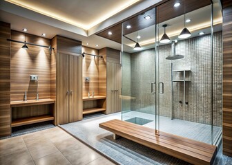 Sleek modern gym shower area with gleaming fixtures, rainfall showerhead, and mosaic tiles, surrounded by foggy mirrors and wood-paneled lockers.