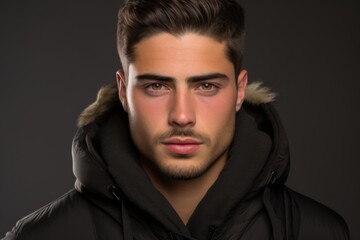 Obraz premium A man with a beard and green eyes is wearing a black hoodie