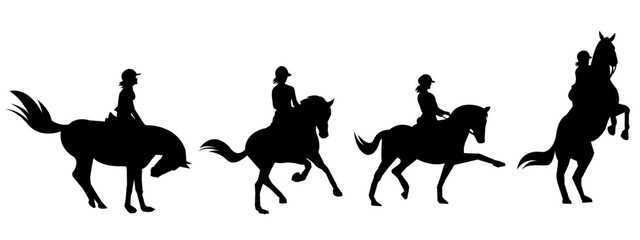 silhouette set of horse and jockey with action, poses. equestrian sport, horse racing. vector illustration.