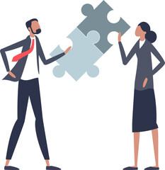 Two stylized people connecting large puzzle pieces, symbolizing collaboration and partnership.