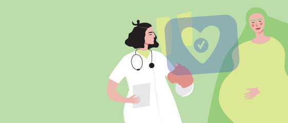 Online management of pregnancy and gynecology, flat vector stock illustration or copy space for design, pregnant woman and doctor