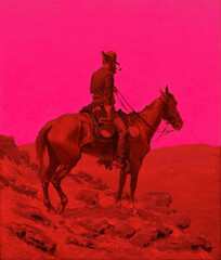 horse and rider at sunset with bold pink and red colours