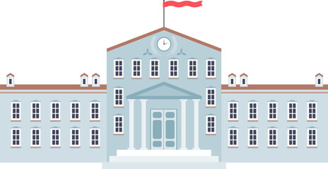 Illustration of a classic school building with a clock tower and flag.