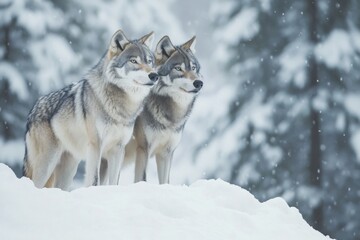 Fototapeta premium photo of two wolves in the snow forest 