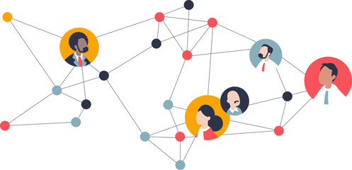 Illustration of diverse people connected by lines, symbolizing network and social connections.