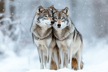 Naklejka premium Two wolves in the snow forest 
