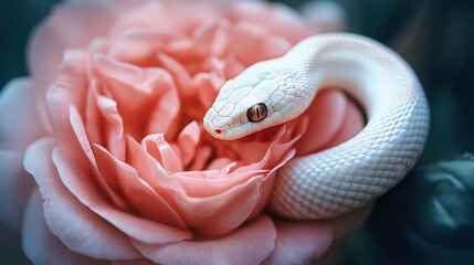 Fototapeta premium White snake gently wrapped around a blooming rose, blending delicate beauty with an air of mystery.
