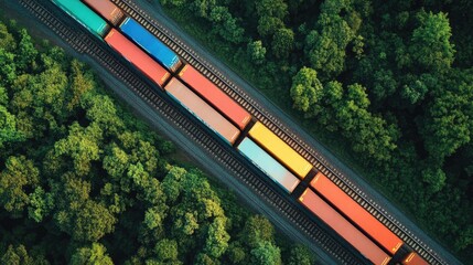 Fototapeta premium Cargo train loaded with containers, moving across a country border, symbolizing international trade