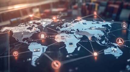Fototapeta premium Digital concept of global trade, with icons representing various industries connected by trade routes on a world map