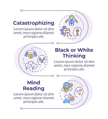 Types of cognitive syndromes infographic vertical sequence. Mental health. Melancholy, anxiety. Visualization infochart with 3 steps. Circles workflow. Montserrat SemiBold, Lato Regular fonts used © bsd studio