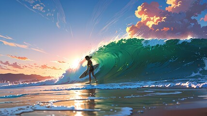 Surfing in the morning sun on the beach.
