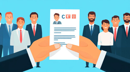 Job position candidate and curriculum. Hands holding a CV profile, selecting from a group of business people for hiring. Vector illustration of an interview process.