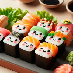 Sushi rolls showcased with cute faces hand-painted on them.
