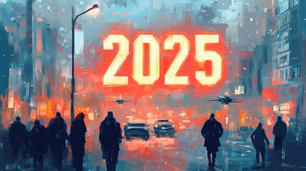 Futuristic Cityscape With Flying Cars And People, 2025 Year Neon Sign, Concept Art Illustration