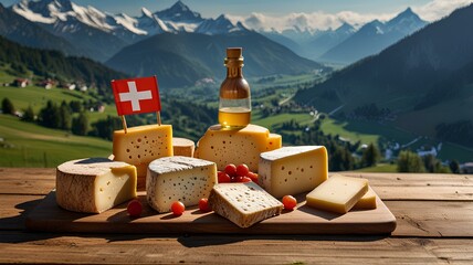 Table with board of various regional Swiss cheese and flag of Switzerland on the backdrop of Swiss mountain landscape.