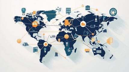 map with trade routes connecting major cities, with icons representing goods being traded