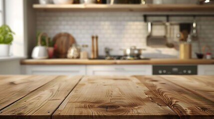 Empty wooden table in front of blurred kitchen background. Ready for product display montage