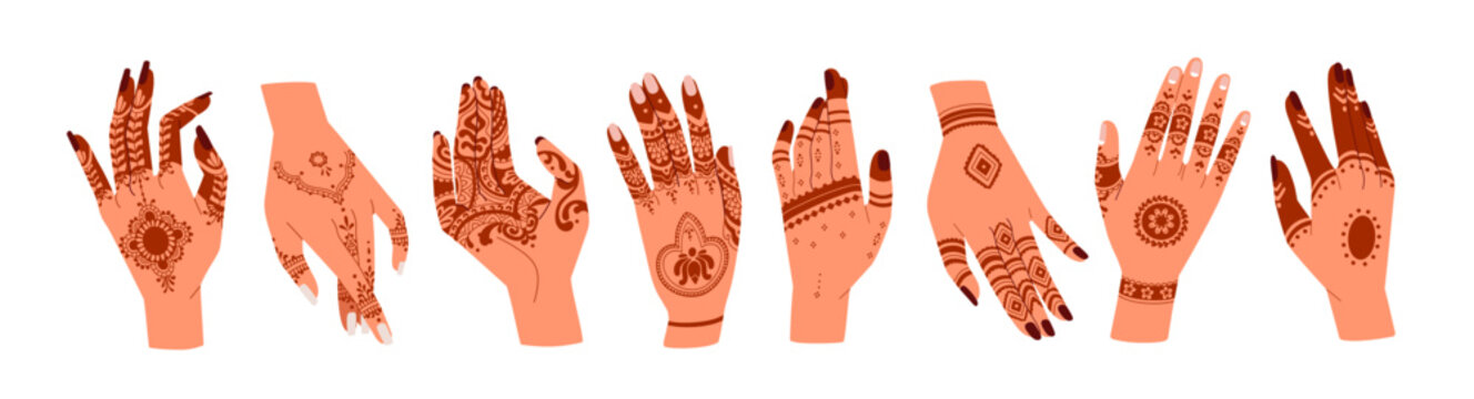 Hands with mehendi patterns, traditional Indian henna tattoos set. Floral designs, hindu mehndi art. India ceremonial ornament on fingers, palms. Flat vector illustration isolated on white background