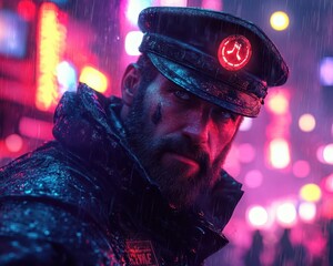 Police officer with a badge, in a neon-lit futuristic city, cyberpunk, high contrast, photo-realistic