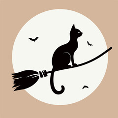 illustration for halloween, cat on a broom against the background of the moon © Yulia
