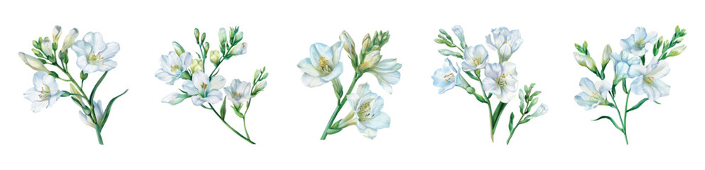 A set of white freesia flowers png. Watercolor illustration. Hand drawn delicate lilac freesia flower element in full bloom. Vector illustration.