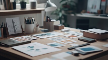 Fototapeta premium Close-up of a marketer's desk with branding materials, business cards, and design mockups