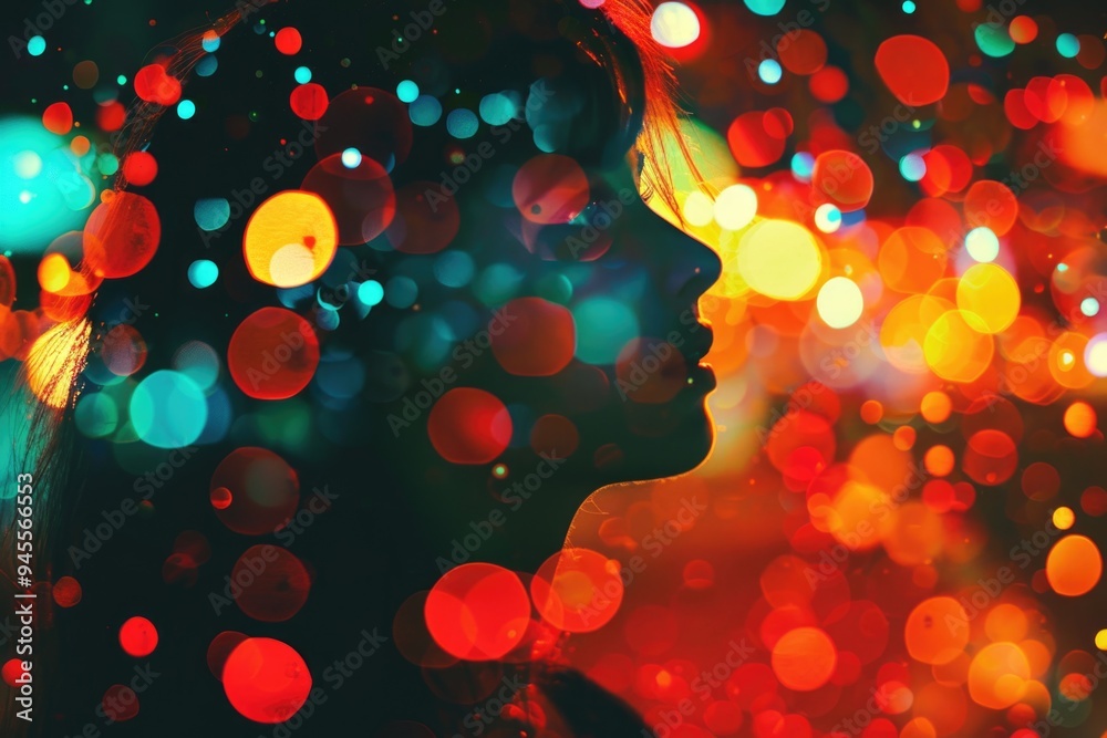 Aufkleber a woman standing in front of a colorful display of string lights, perfect for parties or decorations